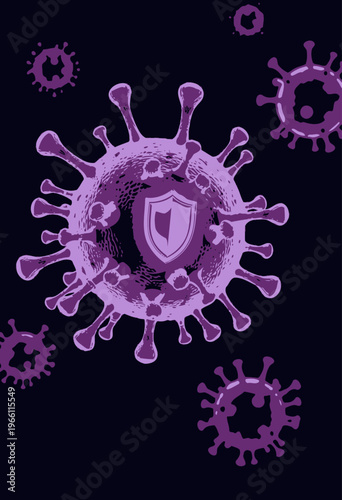 Conceptual Illustration of a Virus with a Protective Shield Representing Biological Defense Mechanisms Against Pathogens in a Microscopic Environment