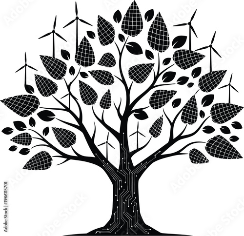 Sustainable energy tree concept with wind turbines and leaf silhouettes