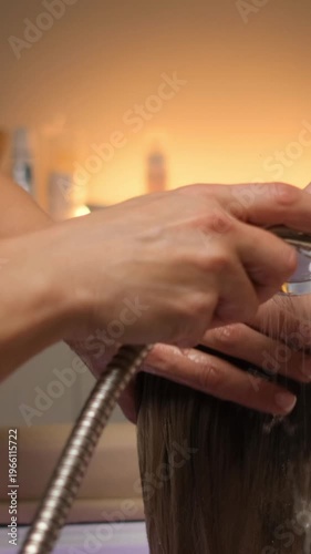 Close up of a professional hairstylist washing a client's hair after applying shampoo or conditioner