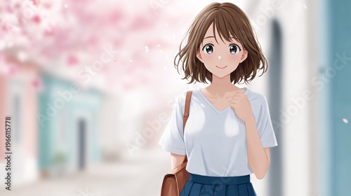 Anime-style illustration of girl holding flower in school uniform