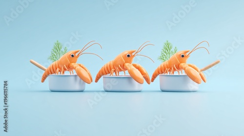3D render of cute lobsters in minimal kitchen setting