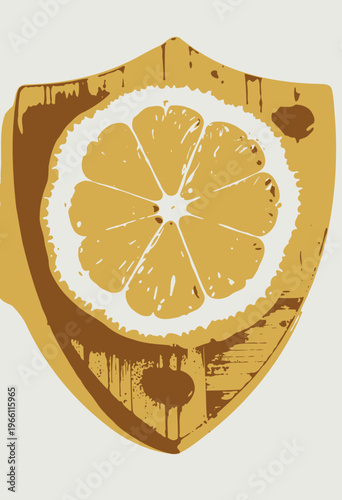 Vibrant Lemon Slice Displayed on Wooden Shield-Shaped Cutting Board with Unique Artistic Design