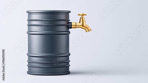 Matte black rain barrel with golden tap on light background