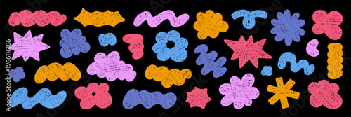 Crayon retro blob shapes doodle set. Abstract comic cloud forms and organic groovy figures in sketch style, grunge chalk texture. Hand drawn vector illustration isolated on black background