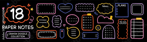 Crayon memo sticker and chalk text box doodle set. Pencil frames for planners, notes in sketch style. Grunge textured hand drawn illustrations isolated on black background.