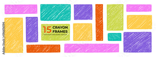 Crayon frame and chalk text box set. Pencil kids color borders in sketch style, cute rectangular and square shapes with grunge texture. Hand drawn vector illustration isolated on white background