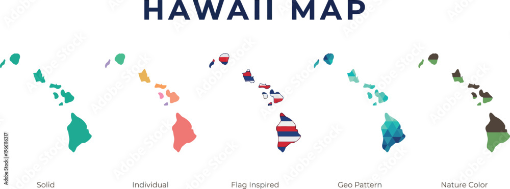 Fototapeta premium Hawaii Island Chain Map in Multiple Design Styles for Travel Tourism Geographic and Infographic Creative Applications