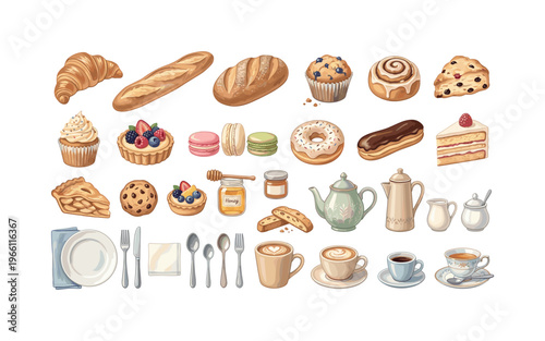 A delightful collection of baked goods and beverages for a cozy cafe experience