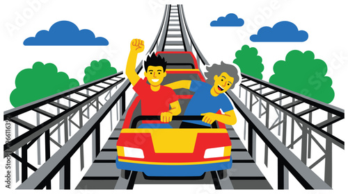 Excited people riding roller coaster at amusement park with hands up in the air.