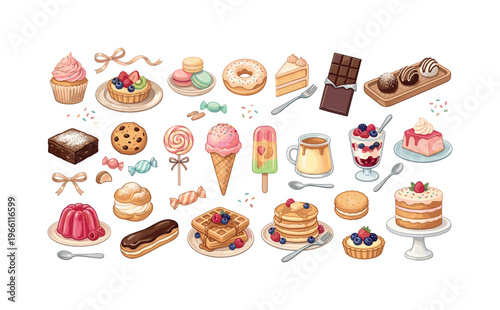 A delightful collection of sweet treats and desserts in a charming illustration style
