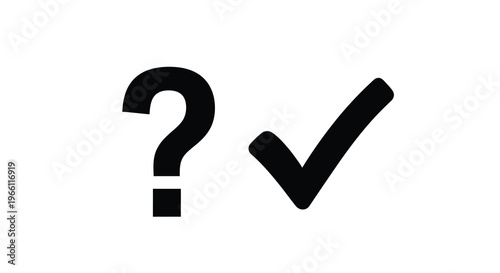 A stark black and white illustration features a question mark alongside a checkmark representing choice or decision high quality professional detailed
