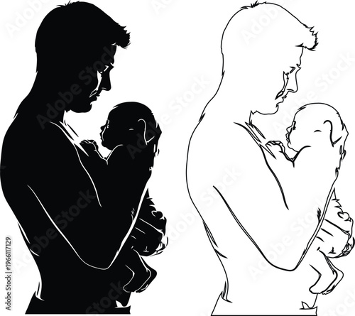 Parents holding newborn babies in contrasting illustration style