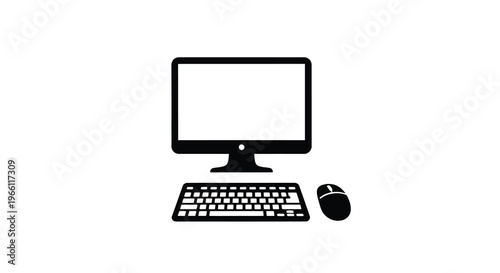 A simple black and white graphic depicts a computer setup with a monitor keyboard and mouse high quality professional detailed modern