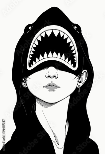 Mysterious Figure with Shark Mask and Alluring Expression in Black and White Minimalist Art Illustration
