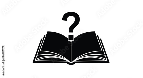 A black and white illustration depicts an open book with a question mark rising from its pages high quality professional detailed