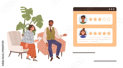 Customer experience, feedback systems, performance evaluation, business strategy, teamwork, user engagement. Two professionals discussing star ratings on a review dashboard. Customer experience