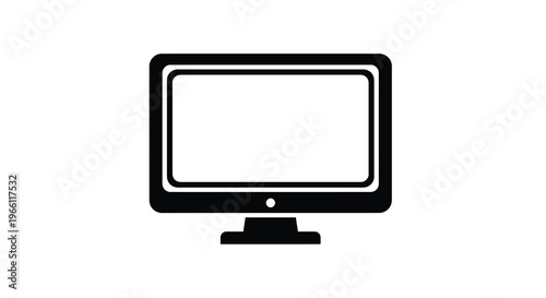 A simple black and white illustration depicts a modern flat screen television with a rectangular screen and stand high quality professional