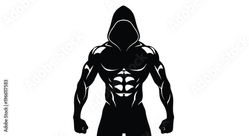 A striking black and white illustration depicts a powerfully built hooded figure with visible musculature and defined abs high quality professional