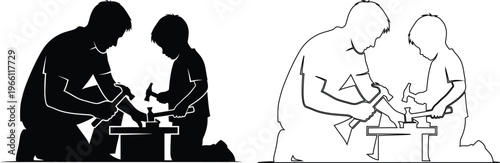 Adult Teaching Children Hammering Nails On Wooden Block