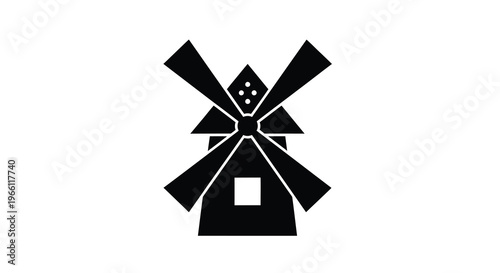 A minimalist black and white illustration depicts a traditional windmill with outstretched blades symbolizing rural life high quality professional detailed modern