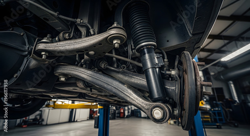 Close-up of car suspension and wheel in a garage