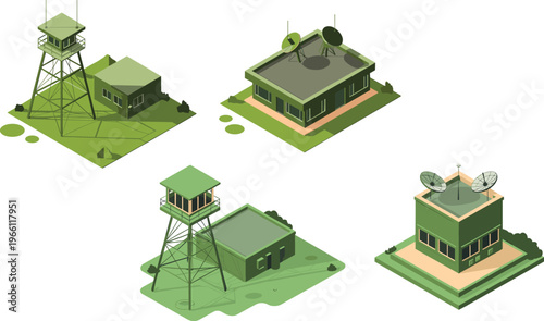 Isometric 3D Military Radar Base and Watchtower Illustration for Security Infrastructure Design