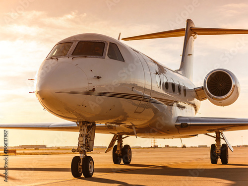 Luxury Aircraft Prepares For Departure. Spectacular Sunset Backdrop As Private Jet Readies For Flight