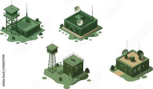 Isometric 3D Military Radar Base and Watchtower Illustration for Security Infrastructure Design