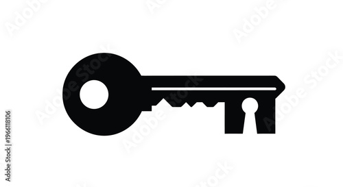 A simple black silhouette of a classic key is displayed against a stark white background symbolizing access high quality professional detailed