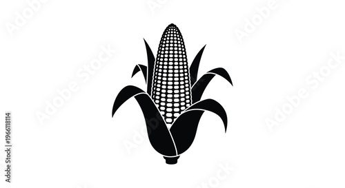 A stark black and white illustration depicts a single ear of corn with detailed kernels and green husks high quality professional