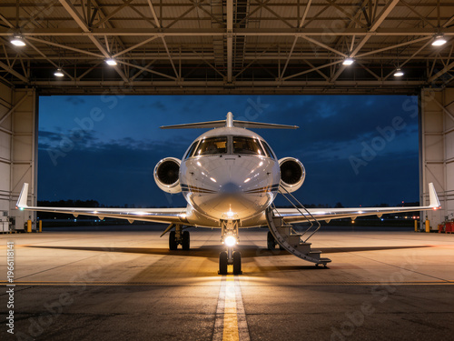 Plane Waiting At Twilight Sunset. Sunset Evening Casts Peaceful Glow Over Aircraft On Runway