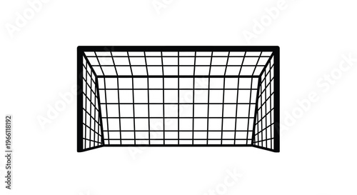 A simple black and white illustration depicts a soccer goal with a net seen from a frontal perspective high quality professional