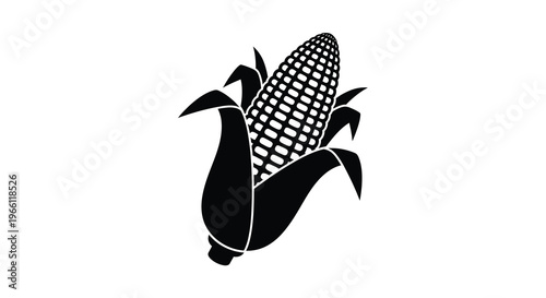 A stylized black silhouette depicts a single ear of corn with green husks and leaves isolated on white high quality professional