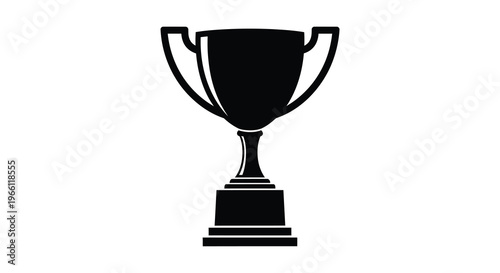 A stark black silhouette of a classic trophy with two handles and a tiered base presented on a white background