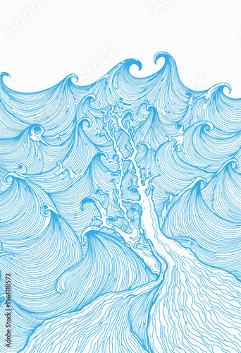 Intricate Line Art Depicting Dynamic Ocean Waves and Fountain with Flowing Patterns in Vibrant Blue on White Background