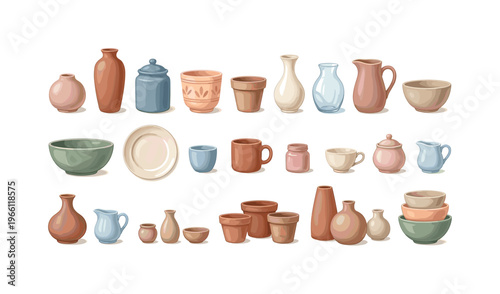 Collection of minimalist ceramic vases, pots, and bowls in warm earthy tones