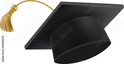 Graduates celebration. Flying black graduate hat with golden tassels. 3d square academic caps from different angles. Vector illustration isolated on white background.
