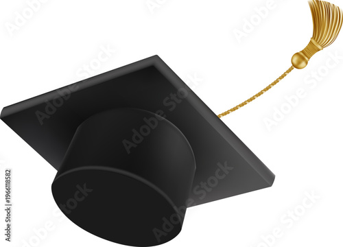 Graduates celebration. Flying black graduate hat with golden tassels. 3d square academic caps from different angles. Vector illustration isolated on white background.
