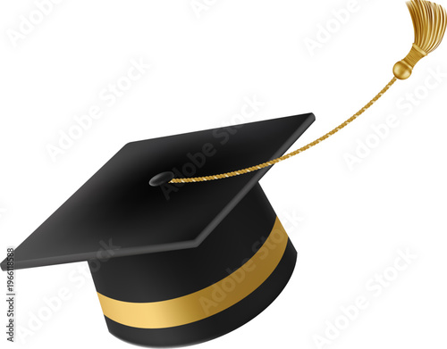 Graduates celebration. Flying black graduate hat with golden tassels. 3d square academic caps from different angles. Vector illustration isolated on white background.