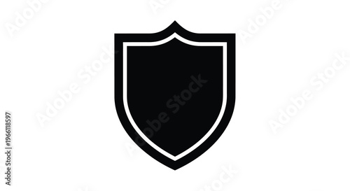 A stark black shield icon is presented against a plain white background symbolizing protection and security high quality professional detailed modern