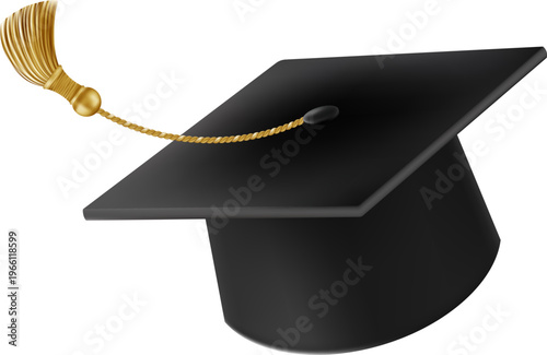 Graduates celebration. Flying black graduate hat with golden tassels. 3d square academic caps from different angles. Vector illustration isolated on white background.