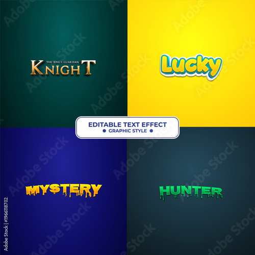 Collection of four distinct editable text effects and graphic styles.