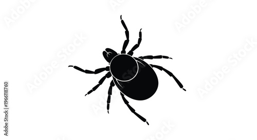 A stark black silhouette depicts a tick an eight legged arachnid facing upward with detailed leg structures high quality professional modern