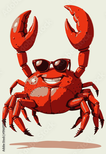 Cheerful anthropomorphic crab with a wide smile and sunglasses showcases charismatic personality and lively demeanor