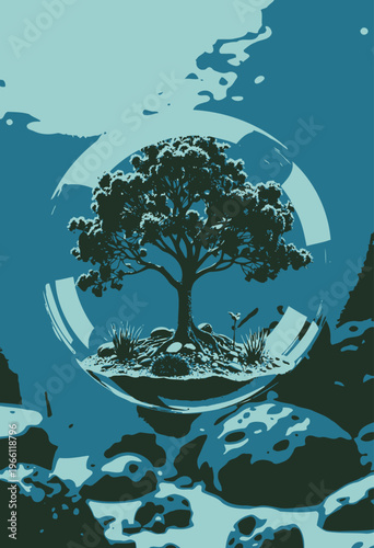 Lush Green Tree Encased in a Protective Transparent Bubble Over Submerged Oceanic Landscape with Rocky Terrain