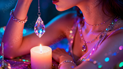 Crystal pendulum over burning white candle with blue-purple ambient light, intimate divination portrait
