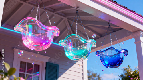 Three iridescent glass hanging bowls sparkle like bubbles under a porch roof with a neon pink border
