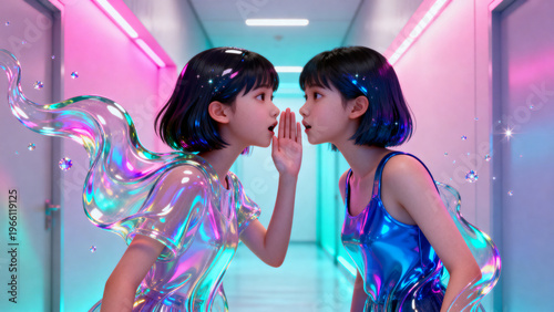 Two teenage girls whispering secrets, neon-lit hallway, futuristic iridescent fashion, intimate atmosphere
