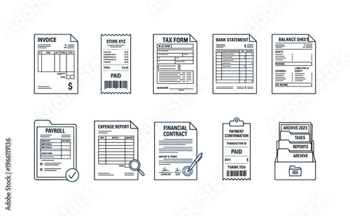Collection of business and financial document icons for accounting and record-keeping