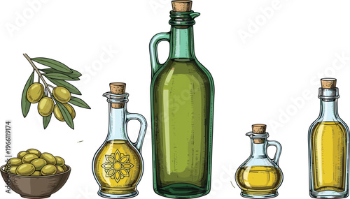 Hand drawn vector illustration of organic extra virgin olive oil in glass bottles and jugs with fresh green olives on branch and bowl isolated on white background.